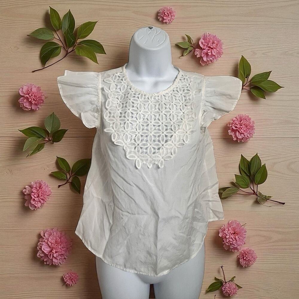 MNG Basics White Crochet Blouse Sz 2 Small Cap Sleeves Back Buttons Boho Top